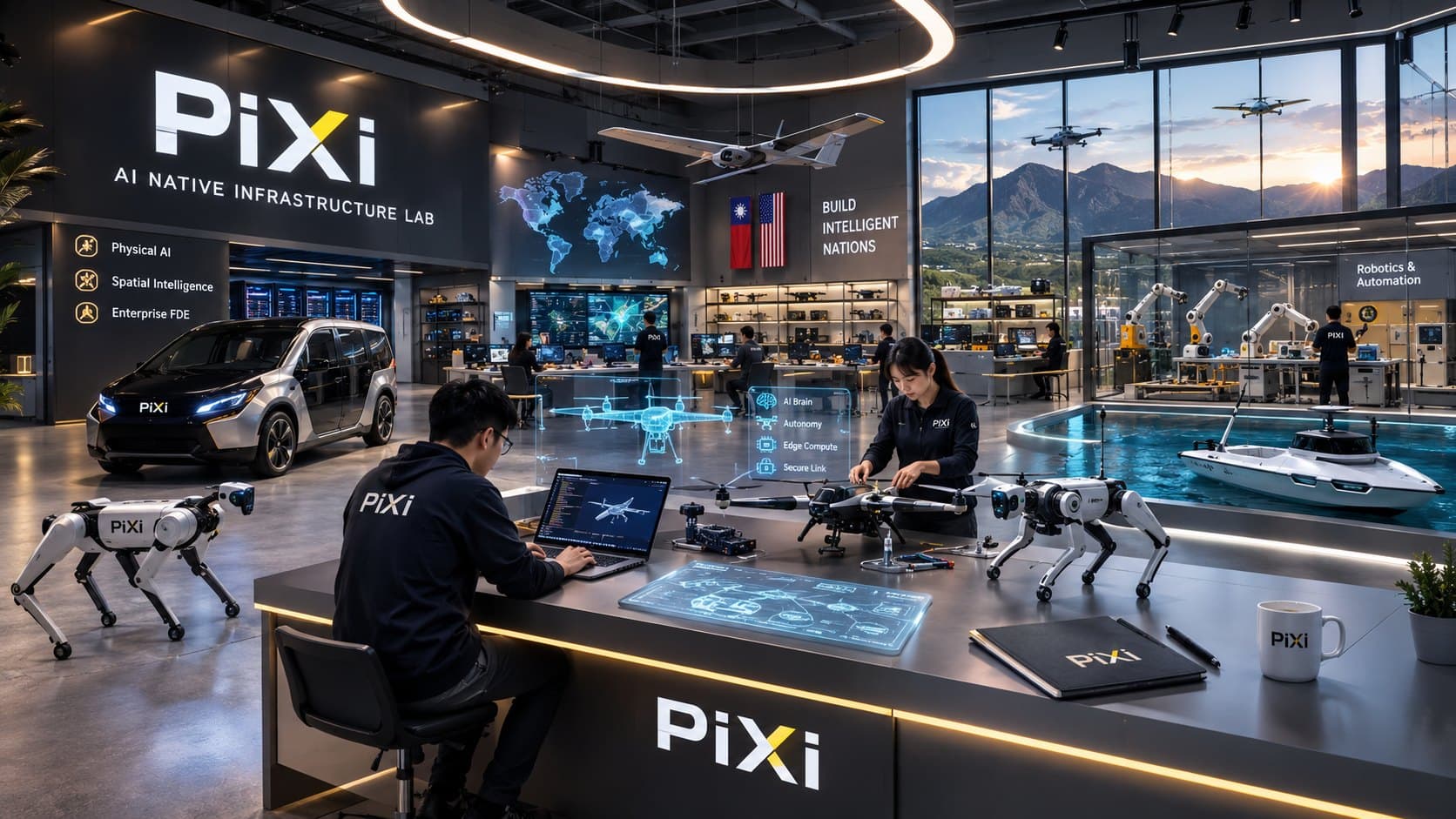 Inside PiXi Lab: engineers assembling drones and quadruped robots at a shared bench, with a PiXi mobility vehicle, marine drone tank and robotics cell around them.