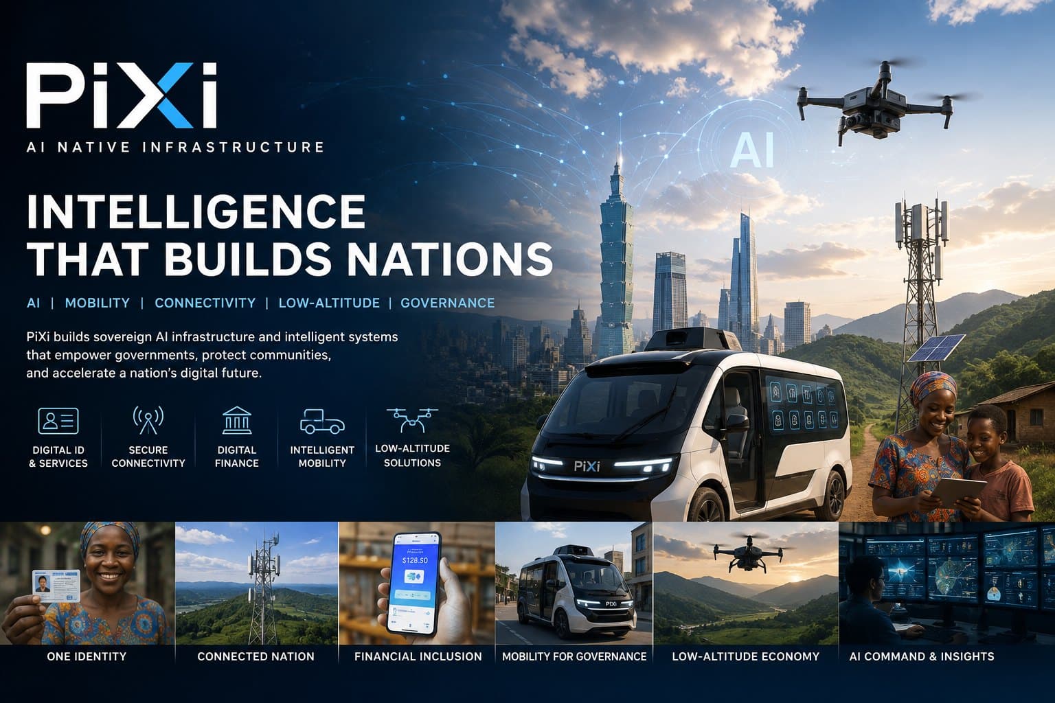 PiXi — Intelligence That Builds Nations. AI, mobility, connectivity, low-altitude and governance infrastructure spanning city and rural community.